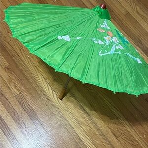 Floral Green Parasol with Wood Handle